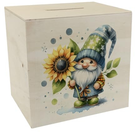 speecheese Garden Gnome with Sunflower Money Box Made of Wood, Garden Gnome Sunflower Money Box Made of Wood, Figurine Ornamental Plant Sculpture for Garden Gnome as Flower Decoration