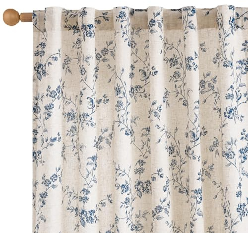 Lazzzy Leinen-Vorhänge mit Blumenmuster, 213 cm Länge, Bauernhaus-Vorhang, Vorhänge für Wohnzimmer, Schlafzimmer, Lichtfilterung, Vintage-Stil, 2 Paneele, Blau auf Beige