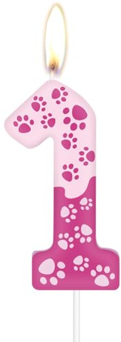 Geburtstagskerzen mit Hundepfoten-Motiv,Zahlenkerzen zum 1. Geburtstag, rosa Zahl 1 für Kuchen, rosa Hundepfotenabdruck, Kuchenaufsatz für Mädchen und Jungen Geburtstagsparty-Dekorationen