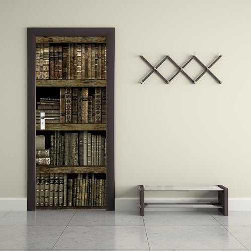 Türtapete Selbstklebend 77x200 Retro-Bücherregal Türaufkleber 3D Türposter Buch Fototapete Türfolie Türklebefolie Wasserdichte für Türwand Dekoration Tapete a6189
