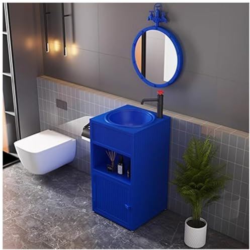 ZTGL Badmöbel Mit Wasserhahn Waschtisch Badezimmerschrank Standwaschbecken Saule Waschbecken Kreativität Industrial Style Waschbecken Iron Art Waschplatz Badezimmer Toilette,Blau,with Mirror