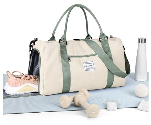 HYC00 Bolsa Deporte Mujer Hombre Bolso de Gimnasio con Compartimento Zapatos y Pocket Wet,Bolsa Gym Gimnasio Gym Duffel Bag Bolso de Viaje Mujer Fin de Semana Sports Bag,Beige con Verde