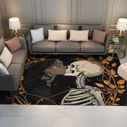 HOBBOY Kiss Skull Area Teppich Romantisches Paar Skelett Teppich Dunkel Große Fußmatte für Wohnzimmer Eingangsbereich Küche Badezimmer Wohnkultur 160 x 220 cm