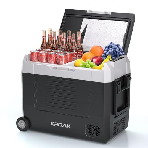 Frigo Portatile Auto 55L con Ruote Trasportabili, Frigoriferi Portatile Elettrico Doppia Zona (-20℃~20℃) 45W per Campeggio/Picnic/Viaggio in Famiglia, Compressore Silenzioso, 12/24V DC + 220V AC