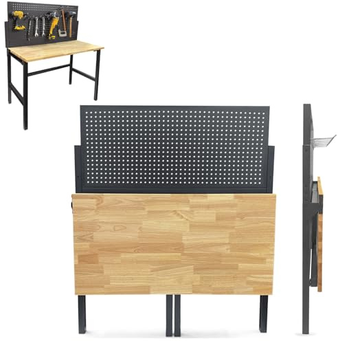 Phoenix TWD4723 47” Foldable Workbench, Heavy-Duty Steel Frame, 25mm Rubberwood Top, Pegboard with 10 Hooks, Wall-Mountable, Compact for Small Workshops, DIY & Garage Storage, 300kg Capacity