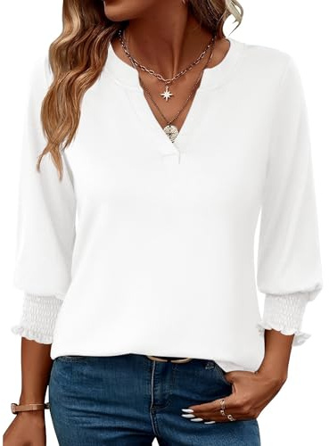 Rapbin Blusa para mujer de manga 3/4 con cuello de pico, túnica, holgada, elegante, informal, Blanco, M