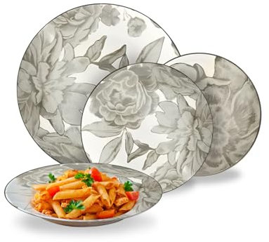 Avilia – Set Piatti Moderni 18 Pezzi in Porcellana con Decoro Floreale Bouquet Tortora, Servizio Elegante per 6 Persone