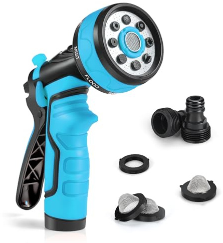 Hose Pipe Spray Gun,ACTE 8 Patterns Anti-Leak Garden Hose Spray Gun, High Pressure Anti-Slip Hosepipe Nozzle Gun for Car Washing, Pets Bathing, Gardening, Watering Lawn （Blue）