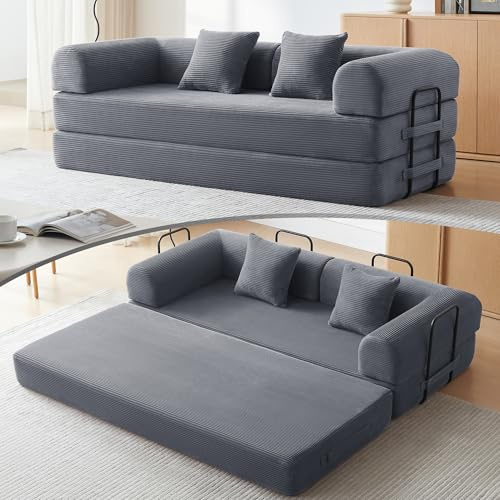 QQR 79 Convertible Sofa Bed, Boneless Couch for Living Room (Dark Gray) | Corduroy Boneless Loveseat Sleeper Sofa, Modular Futon Couch Bed with 2 pillow, Pull Out Couch No Assembly