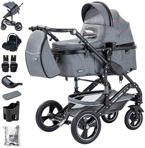Daliya® BAMBIMO 3in1 Kinderwagen & Buggy Set mit i-Size Babyschale (ECE R129) – Kombikinderwagen ab Geburt bis 22 kg, pannensichere Räder, Federung, höhenverstellbar (Dunkelgrau - Rahmen Schwarz)