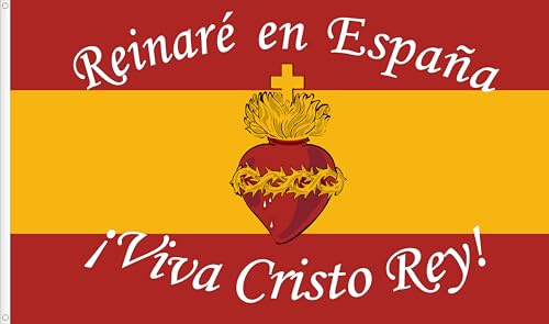 BANDERA DE ESPAÑA SAGRADO CORAZON DE JESUS. VIVA CRISTO REY. RASO PREMIUM 110 GR. TAMAÑO GRANDE 150X90