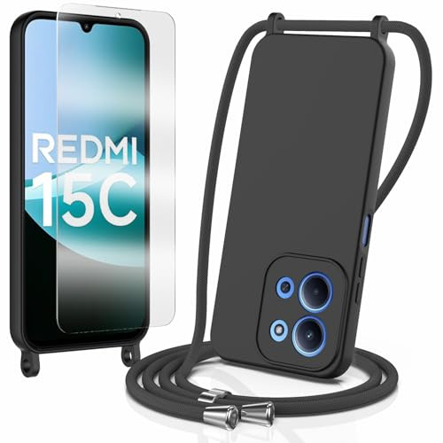 Handykette für Xiaomi Redmi 15C 5G/4G Hülle mit Band mit 1*Schutzfolie, weiche Liquid Silikon Necklace Handyhülle mit Abnehmbar Kordel, Stossfest Handy Schutzhülle, Kameraschutz Kratzfest, Schwarz