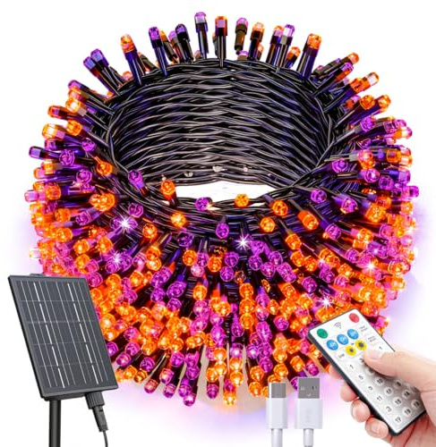 SOLARBABY Guirnaldas Luces Exterior Solar, 40M 400LED Luces Solares w/Remoto, 19 Modos IP65 Impermeable Navidad Solares LED Exterior Jardín Decoracion para Del Arbol Patio Terraza, Naranja & Púrpura