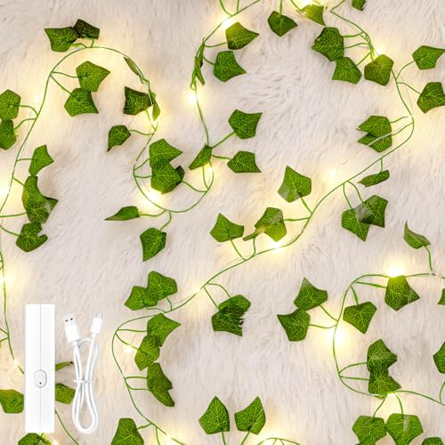 Guirlande lumineuse avec feuilles rechargeables, 10 m, 100 LED, guirlande de lierre artificiel pour l'intérieur, 8 modes et minuterie, pour chambre à coucher, Noël, mariage, fête, blanc chaud
