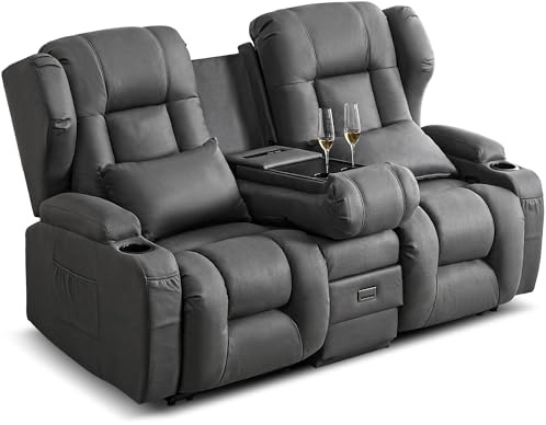 SITURAY 2er Relaxsessel mit Liegefunktion, Zweisitzer Fernsehsessel 2 Sitzer TV Sessel mit Konsole, Manuell Verstellbar Doppel Kinosessel bis 360 kg (Grau)