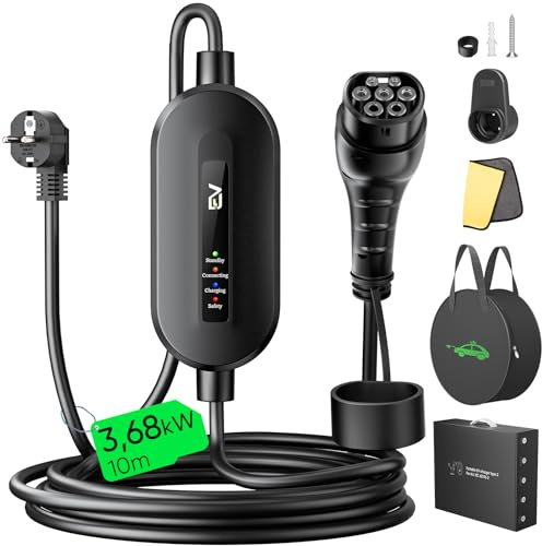 Evjuicion Câble de Charge pour Voiture électrique Type 2 Schuko 3,68 KW [monophasé, 10 m, 16 A, IP67], Chargeur EV avec témoin Lumineux, Chargeur EV pour ID.3/4, X1, 5ER, modèle Y/3, et Autres EV