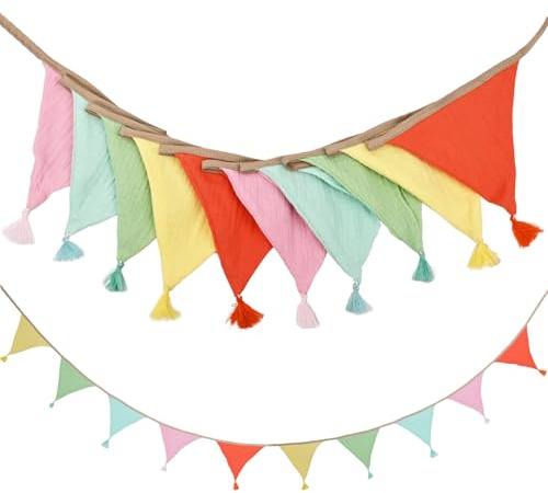 10Pcs Fabric Bunting, Colourful Bunting with Tassel Double Sided Cotton Kids Room Garland 2.8M Fabric Pastel Banner for Nursery Birthday Party Baby Shower Kid Bedroom Decor
