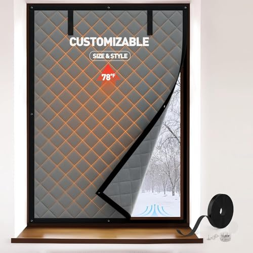 MAGZO Anpassend Wärmeschutzvorhang für Fenster, Winddicht Thermo Fenstervorhang mit Energieeinsparung Kälteschutz, Thermovorhang Fenster, Widersteht Kaltluftangriff, Klettbefestigung ohne Magnet