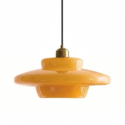 HJXDtech Pendelleuchte Esstisch Vintage, Höhenverstellbar Hängeleuchte aus Glas & Antik-Gold E27-Fassung, Große Hängelampe für Esszimmer Küche Schlafzimmer Wohnzimmer (Gelb, 32cm)