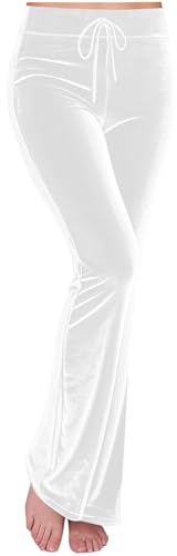 Elegant Velvet Trousers for Women UK Soft Winter Warm Yoga Pants Ladies Fashion Wide Leg Straight Velour Trouser Leisure Solid Color Slim Fit Tracksuit Bottoms wiht Drawstring White