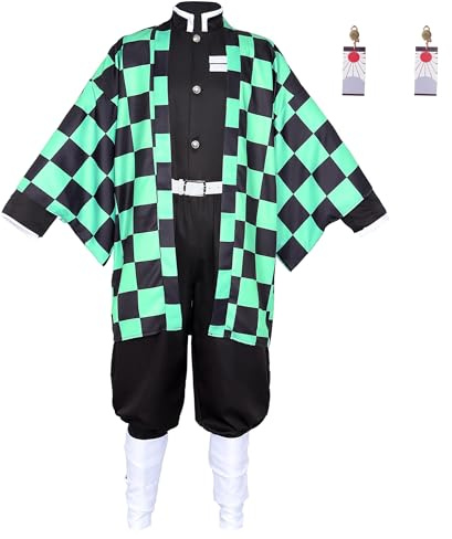 Satdflie Demon Slayer Costume Cosplay Kimono Abito con cintura Set completo unisex Abito di Natale e Halloween Regalo per fan degli anime, Tanjiro Kamado, taglia L