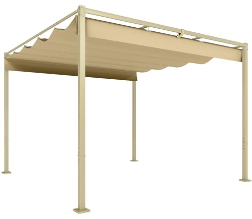 Outsunny Pergola ca. 3x3m Garten Pavillon mit magnetischem Pad Terrassendachung aus Metall, Gartenpavillon mit verstellbares Dach, Freistehend, UV Schutz 30+, für Terrasse und Garten, Khaki