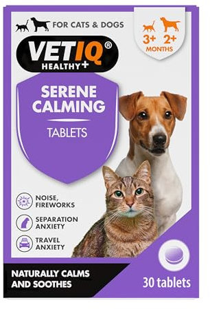 VETIQ Serene Calming Tablets for Cats & Dogs, Helps with Noise, Fireworks, Separation Anxiety & Travel Anxiety, 30 Tablets (Pack of 1)