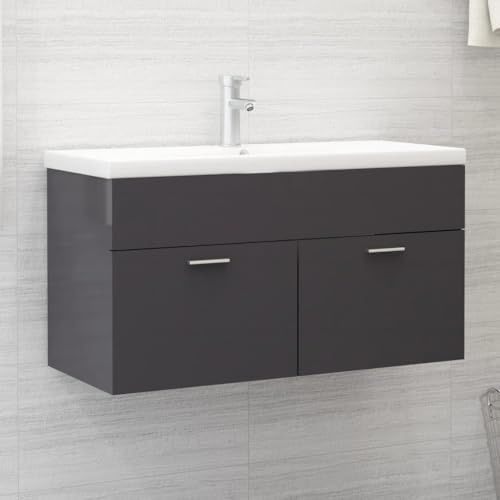 WKIEQACO Set di mobili, set di mobili da bagno, mobile per lavandino, grigio lucido, 90 x 38,5 x 46 cm, in legno ingegnerizzato