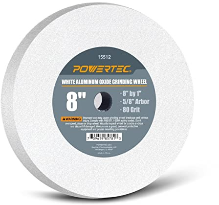 POWERTEC Bench Grinder Wheel 8 Inch 80 Grit, White Aluminum Oxide Grinding Wheel for Bench Pedestal Grinder, 1 Thick 5/8 Arbor, Sharpening & Shaping Drill Bits, Blade, and Chisel 1PK (15512)