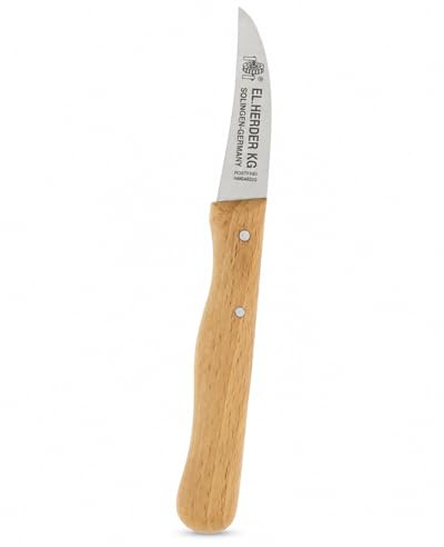 El Herder Couteau Éplucheur Courbé 6 cm, Inox Aiguisé à la Main de Solingen, Manche en Hêtre, pour Pommes de Terre, Légumes et Fruits, Lavage à la Main