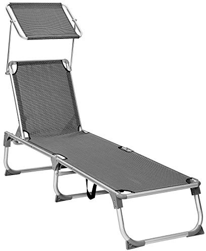 SONGMICS Sonnenliege mit Dach, Liegestuhl, Gartenliege, Aluminium, Rückenlehne verstellbar, klappbar, leicht, 55 x 193 x 31 cm, bis 150 kg belastbar, Garten, Balkon, Terrrasse, hellgrau GCB19WGV1