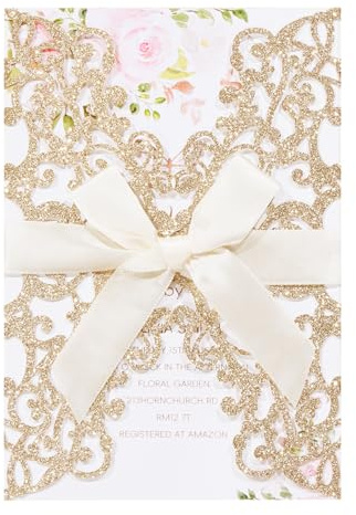 AdasBridal 50 biglietti di invito per matrimonio con glitter floreali tagliati al laser, con busta, foglio interno vuoto e nastro, per matrimoni, fidanzamenti, addio al nubilato, feste (18 x 12,5 cm,