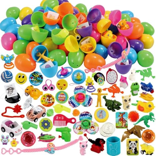 JOYIN 80 Packungen vorgefüllte Ostereier mit Spielzeugen und Aufklebern, 6 cm, 80 bunte Ostereier für Osterkörbchen, Osterparty-Gastgeschenke, Ostereiersuche, Klassenzimmer-Events, 11291