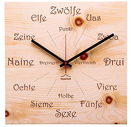 huamet Holz Wanduhr UHRFORM aus Zirbe, eckig - einzigartiges Design mit urigem Südtiroler Dialekt, geräuschlos ohne Ticken - Qualitätsprodukt Made in Südtirol - CH41-A-1605
