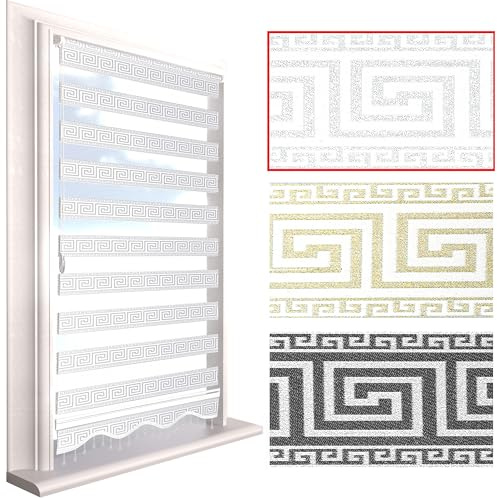 Brillant® Doppelrollo Klemmfix ohne Bohren – Medusa Barock Muster mit Glitzer, Duo-Rollo Blickdicht & transparent, mit Perlenzug, Fensterrollo für Fenster & Türen Weiß Silber 110 x 200 cm (B x L)