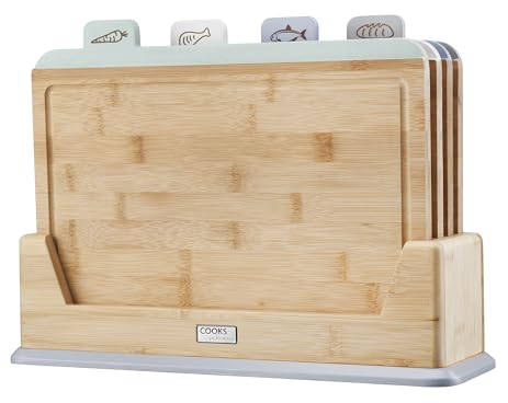 Cooks Professional Set of 4 Index Chopping Boards | Bamboo Chopping Boards with Stand | Wooden Food Preparation Cutting Blocks with Tabs for Fruit & Vegetables, Meat, Fish & Bread | Multi Coloured