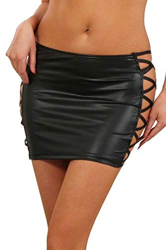 MISS NOIR Damen Wetlook Minirock – Sexy Vinyl Rock mit Reißverschluss – Kurzer Lackrock in Lederoptik für Party & Clubwear (Schwarz (196471-BK), M)