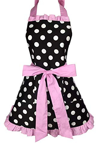 Ulalaza Küchenschürzen Verstellbare Baumwoll-Leinen-Kochschürze mit Bowknot Kitchen Home Hausarbeit für Frauen Lätzchen-Schürzen Wasserölfleckenresistent Vintage Polka Dot Princess-Kleid Free-Size