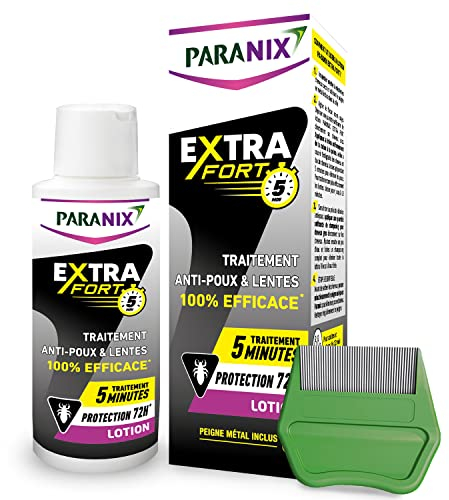 Paranix Extra Forte 5 minuti - Lozione anti-pidocchi e lendini 100% efficace* 2 in 1: mungitura e protegge - 100 ml - Pettine fine in metallo incluso
