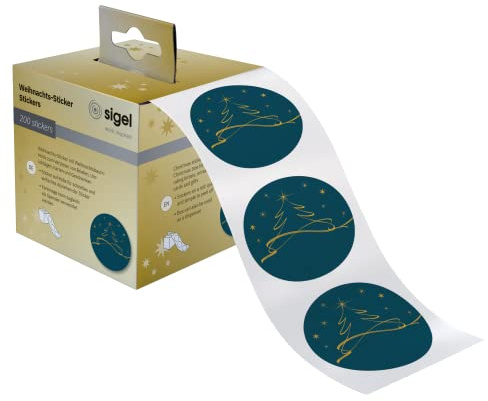 SIGEL Weihnachtssticker Rolle 200 Aufkleber 4,7 cm Tannenbaum | CS124, Motiv Tannenbaum in Petrolblau und Gelb für Weihnachtspost und Dekoration