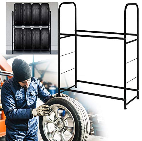 VA-Cerulean Reifenregal 8 Reifen Reifenständer Geschichtet Regal Lagerregal Metall Schwerlastregal Rostfrei mit Schutzhülle 107x46x117cm Traglast 180kg Fahrzeug Universal Reifenlagerung Schwarz