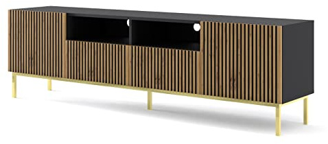 BIM Furniture TV-Schrank Ravenna F 200 cm 2D2S mit gefräster Front Hochwertiges MDF Lowboard Schrank TV Tisch Sideboard Kommode Hi-Fi Tisch Fernsehtisch Skandinavische (Schwarz Matt/Artisan Eiche)