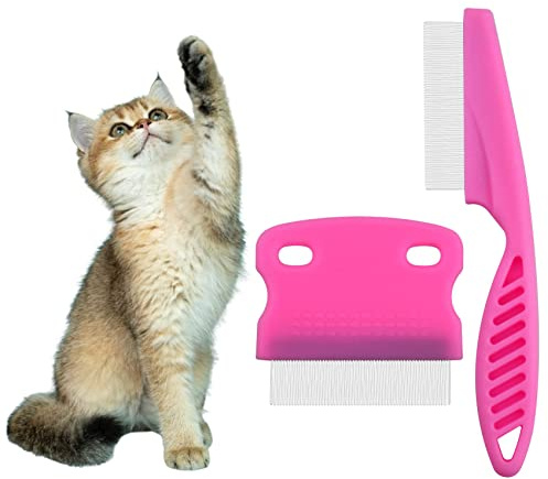 2 Stück Katzen-Kamm, Flohkamm für Katzen, Hunde, Läuse-Tränen-Fleckenentferner, feine Zahnpflege, Werkzeug zur Entfernung von Fellpflege, Rosa, 2 Stück