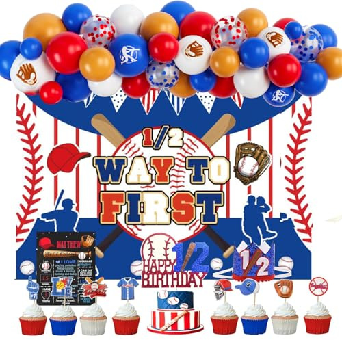 101 PCs Baseball Half Birthday Party Decorations, Hombae Concession Baseball It’s My 1/2 Way to First Backdrop Balloon Garland Arch Cake Cupcake Topper Crown Poster Baseball Glove Bat 6 Months Blue