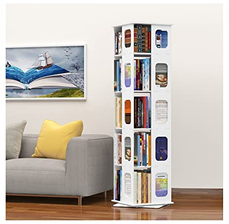 Drehbares Bücherregal 360-Grad-Drehung Quadratisches Bücherregal, Home-Office-Bibliothek Bodenstehendes Bücherregal aus Massivholz, platzsparendes Eckregal-Lagerregal (Color : White, Size : 5 Tier)