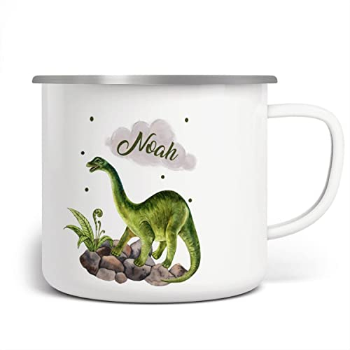 miKalino Emaille Tasse Brachiosaurus Dinosaurier mit mit Wunschname personalisierte Kindertasse mit Namen bedruckt Emaille Becher Emailletasse Geschenk, Farbe:weisssilber, Grösse:300ml