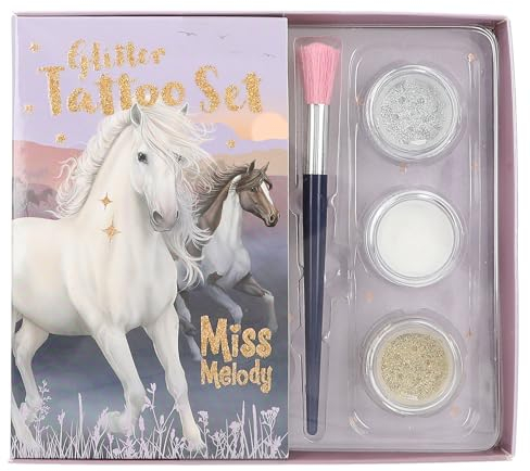 Depesche Miss Melody Night Horses 12657 Kit pour Enfants avec 41 Tatouages adhésifs, 1 Pinceau et 3 poudres de Paillettes en Argent, Blanc et Or, Halloween