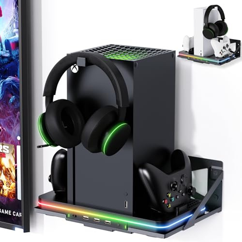 Wall Mount for Xbox Series X/S, Metal Wall Mount Kit for Xbox Series X/S Accessories with Dual Controller Stand and Headphone Holder, Efficient Ventilation Design & Easy Installation (Wall Mount &