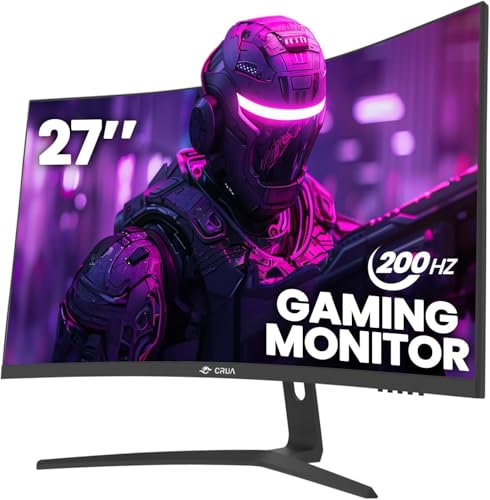CRUA 27 Inch 180Hz/200Hz Curved Gaming Monitor, FHD 1920 * 1080P Frameless 1800R Computer Monitor, 1ms GTG with FreeSync, Low Motion Blur, Eye Care, VESA100*100, DisplayPort, HDMI, Black