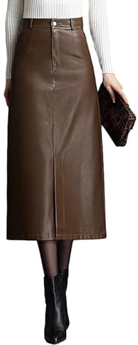 SUNYUESTAR Long Leather Skirts for Women Casual High Waisted Fall Winter Bodycon Midi Skirt with Slit(Brown, L)